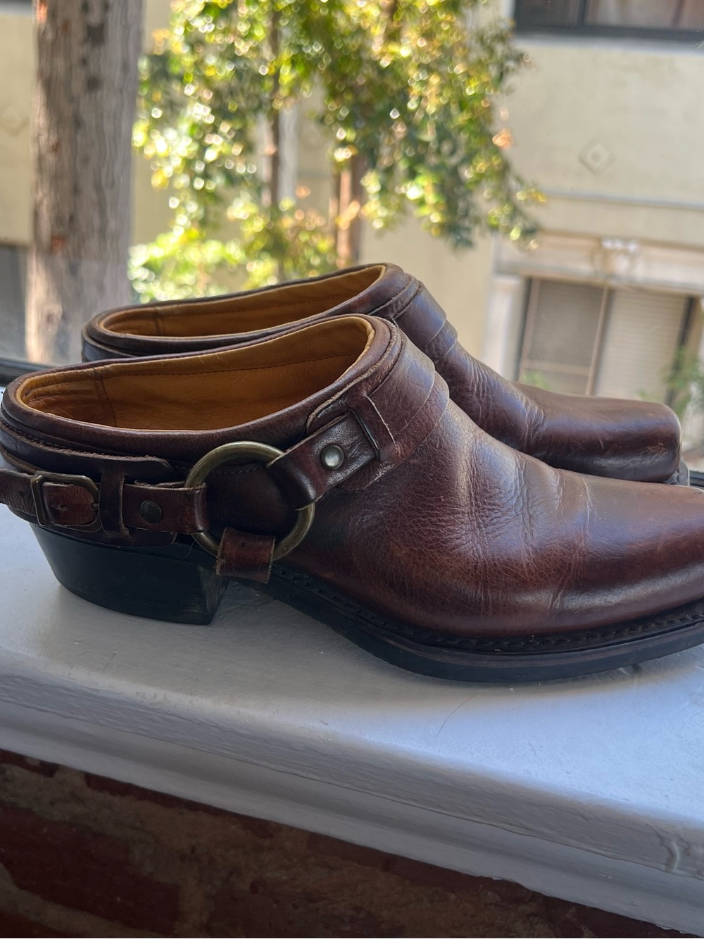 Women’s Frye Brown Leather Slip-On Harness Boot Mules